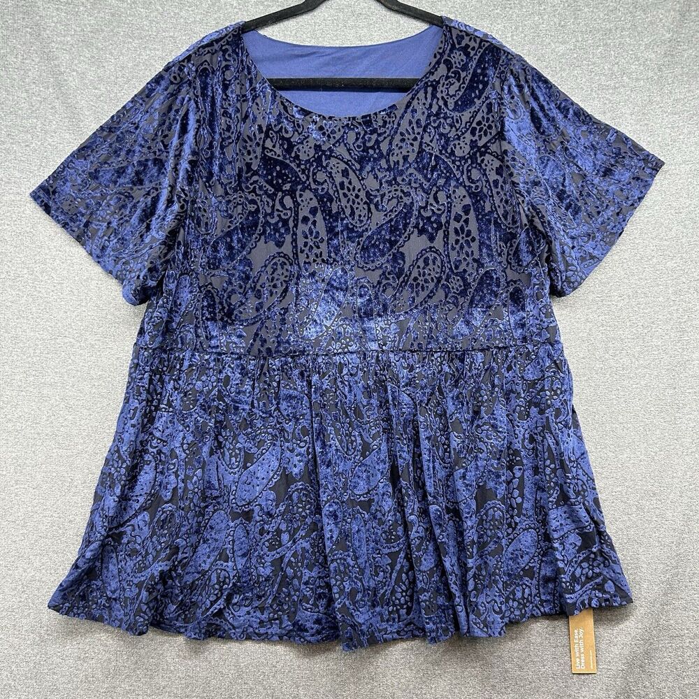 NWT Bloomchic Womens 22/24 Babydoll Blouse Blue Paisley Velour Plus Size Top